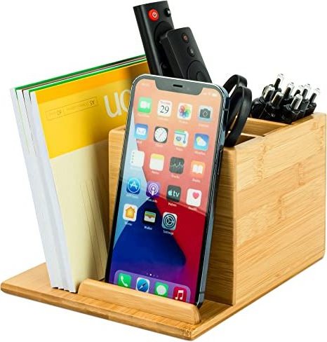 Wood Table Top Storage with 2 Adjustable Shelves for Pencils Phone Holder Bamboo Desk Drawer Organizer