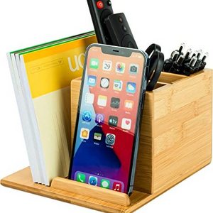 Wood Table Top Storage with 2 Adjustable Shelves for Pencils Phone Holder Bamboo Desk Drawer Organizer