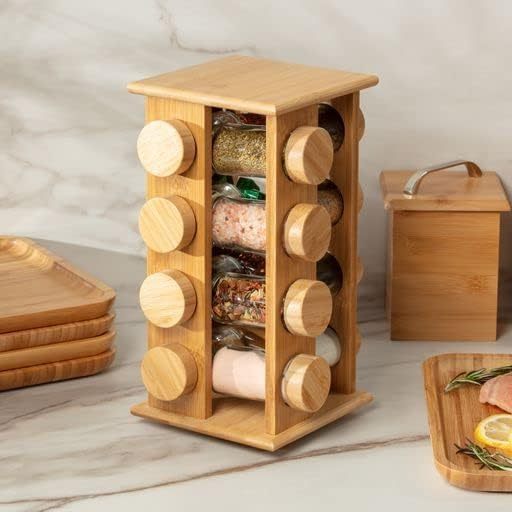 4-layer  Bamboo Seasoning Rack Rotating Base Wooden Lid Spice Bottle Bamboo Rack Kitchen Restaurant Spice Rack