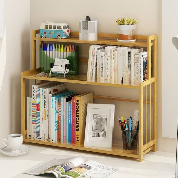 Portable Office Desk Organizer Storage Shelf for Desk Bamboo Wooden Small Book Shelf