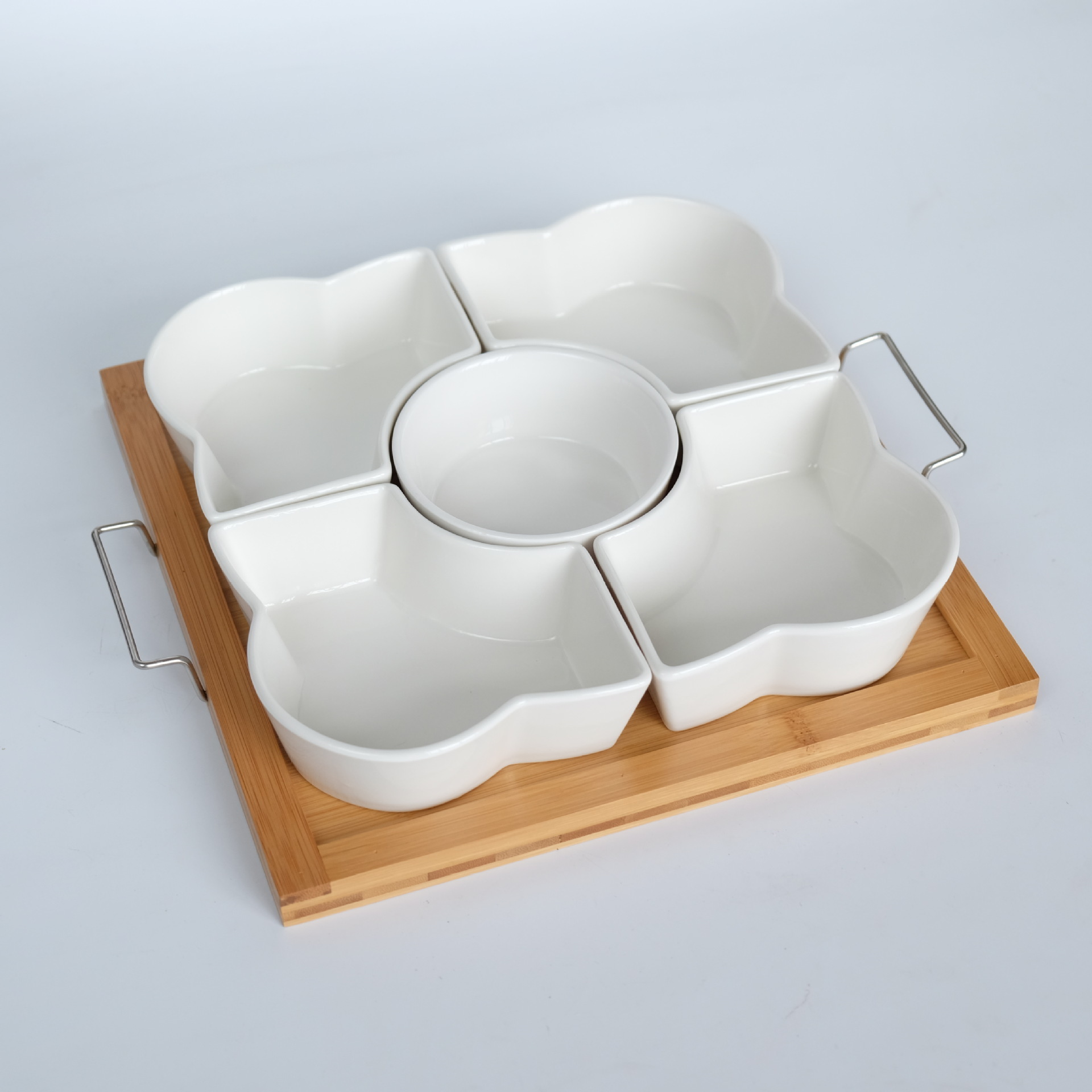 White Ceramic Plate Lazy Susan Fruit Bowl Bamboo Ceramic Platter Trays with Acrylic Cover