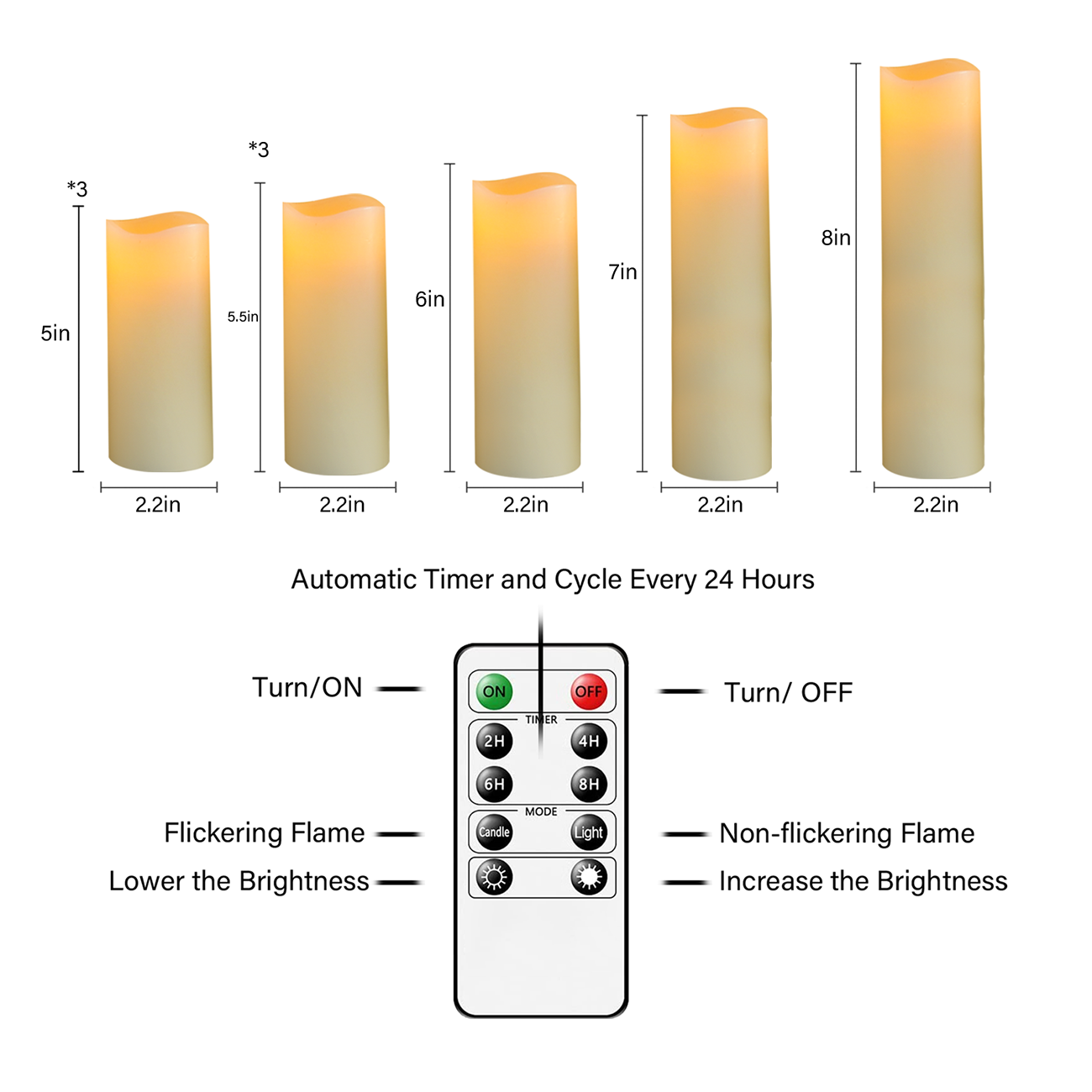 Set of 5 LED Real Wax Flickering Candles Battery Operated Flameless Pillar Candle with 24 Hours Timer remote for Wedding Party