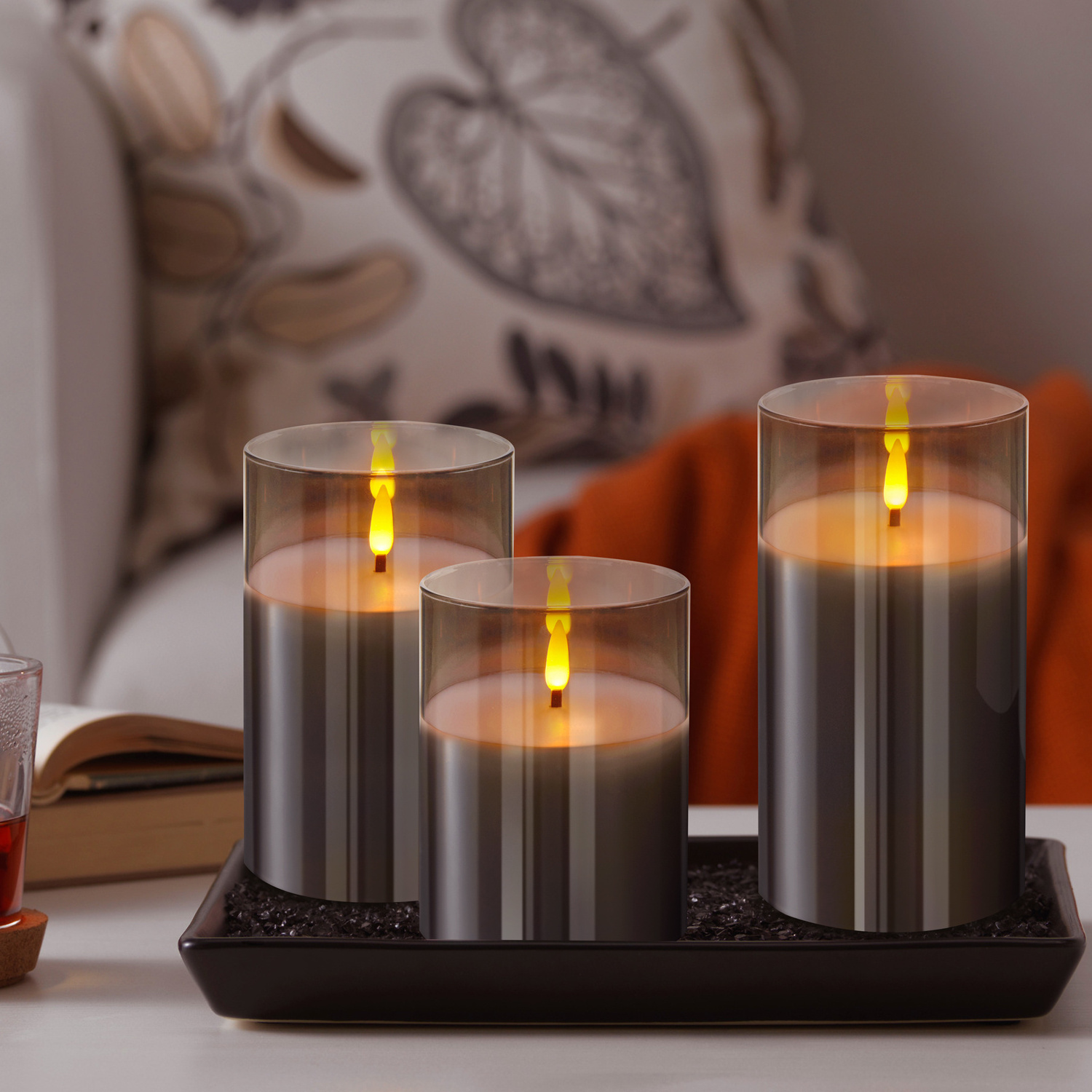 hot selling high quality flameless led candle grey glass pillar candles remote control flickering led candles