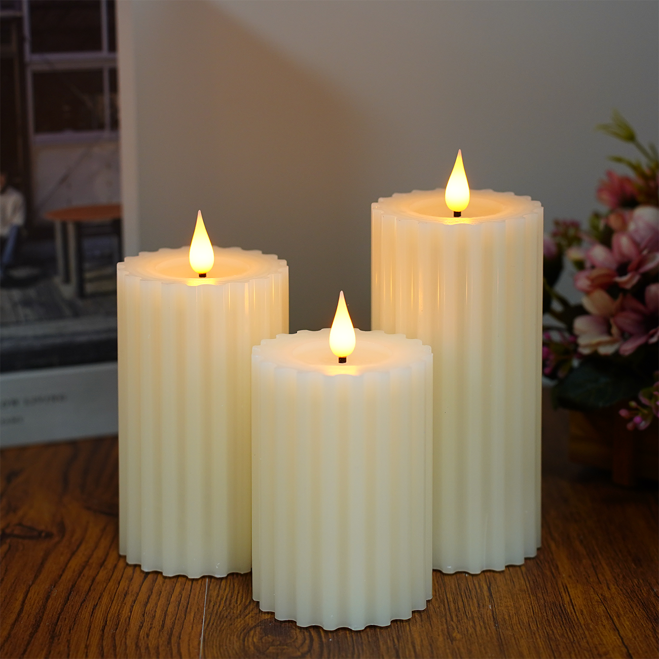 Set of 3 LED Real Wax Flickering Candles Battery Operated Flameless Pillar Candle with 24 Hours Timer remote for Wedding Party