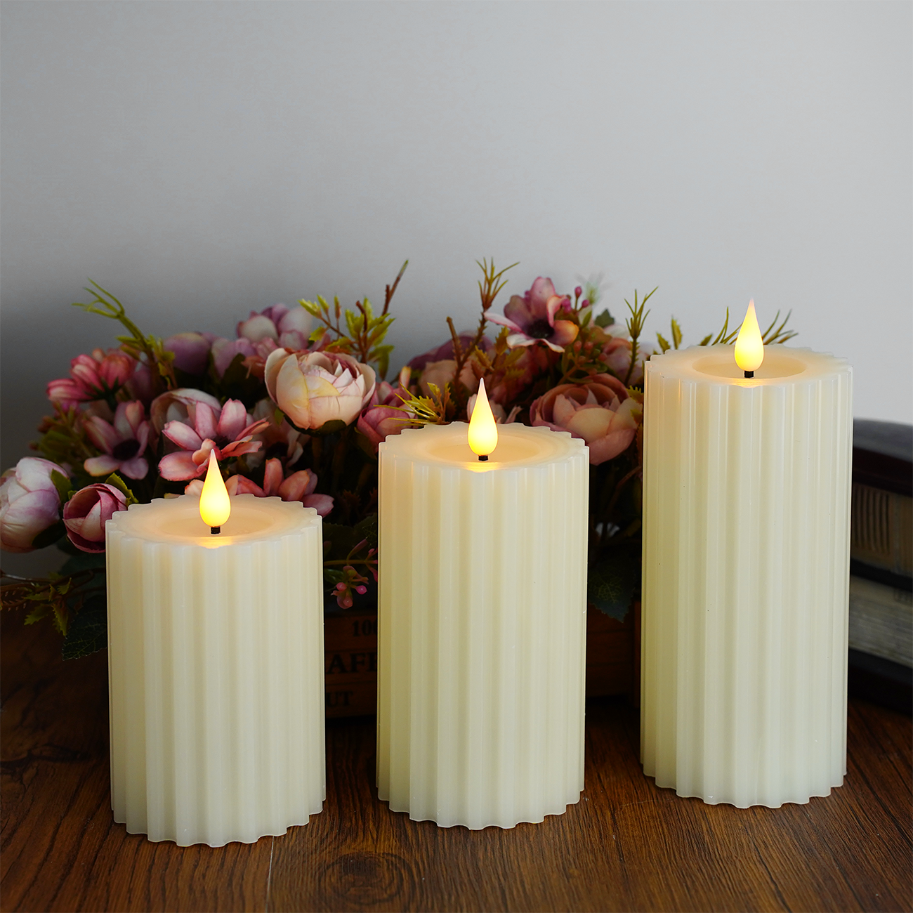 Set of 3 LED Real Wax Flickering Candles Battery Operated Flameless Pillar Candle with 24 Hours Timer remote for Wedding Party