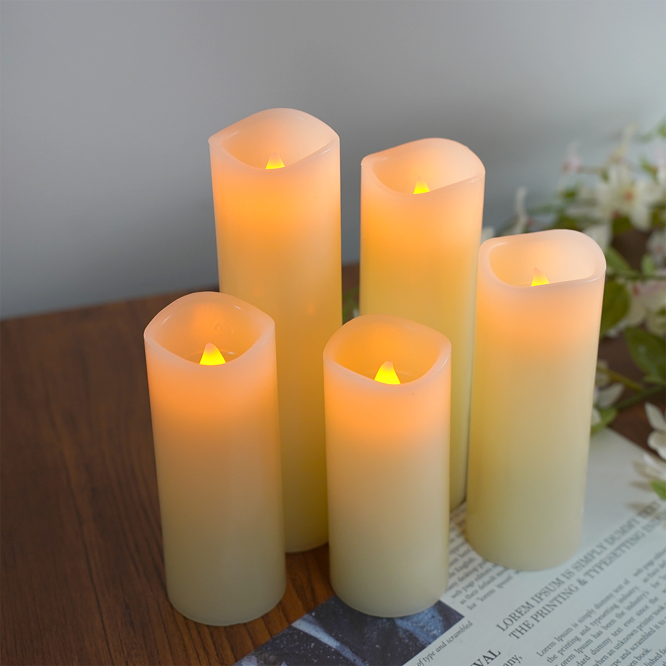 Set of 5 LED Real Wax Flickering Candles Battery Operated Flameless Pillar Candle with 24 Hours Timer remote for Wedding Party