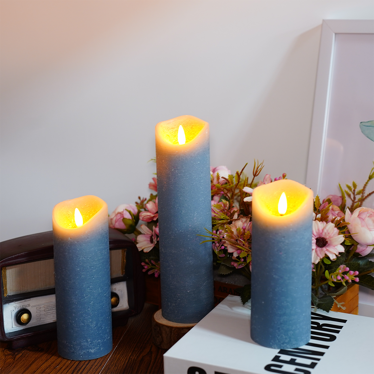 Hot Sale Real wax blue Flicker Moving Wick Led Candle 3D Bullet Shape Flameless Pillar Electric Candle For Home Decoration