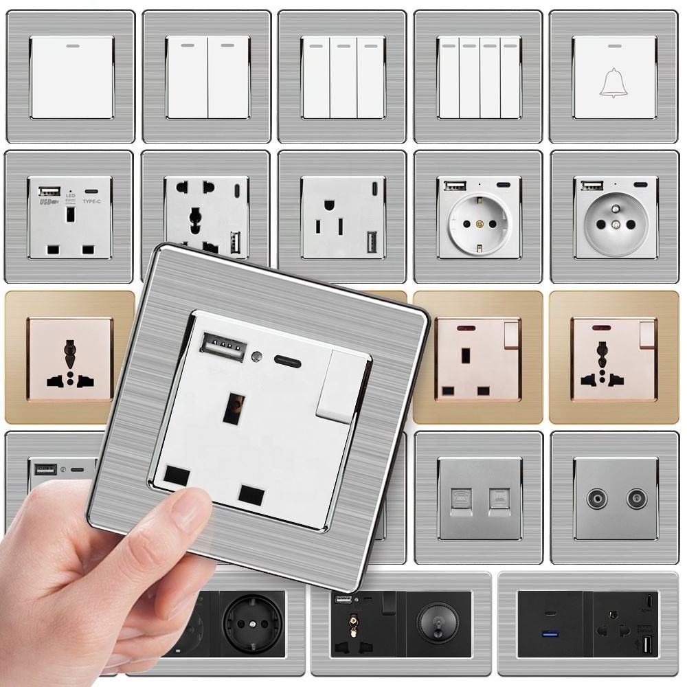 Modern Black Wall Light Switch 2022 Stainless Steel Metal 13a Socket Outlet Uk