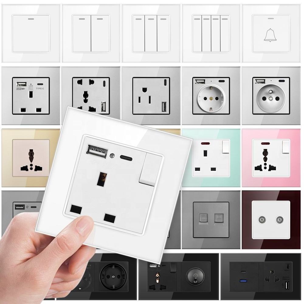 Glass Panel Socket Uk Power Outlet Universal Wall Mounted Uk Wall Socket