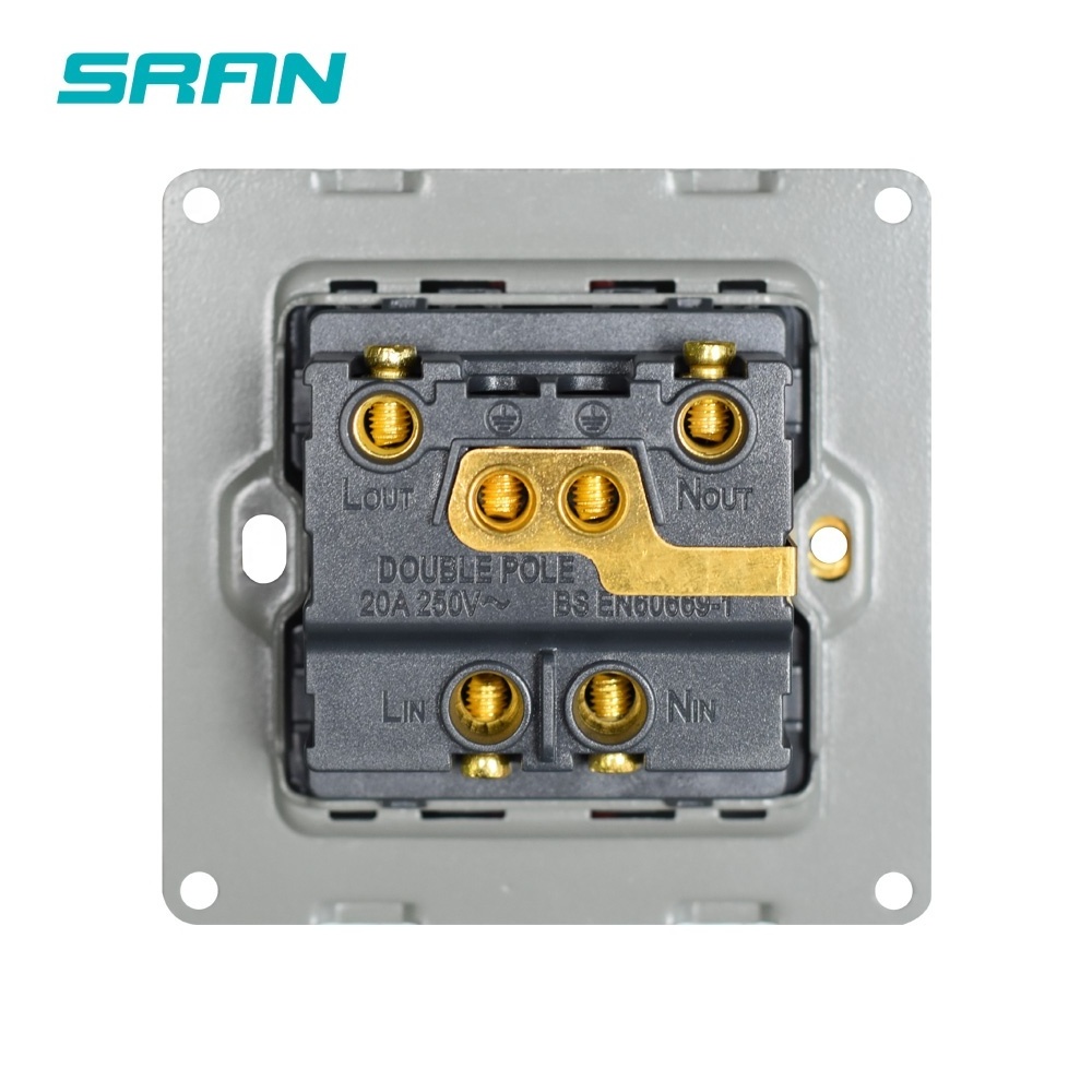 SRAN wall double pole switch 3mm luxury Crystal glass panel 86*86mm 20A DP hot water heater switch