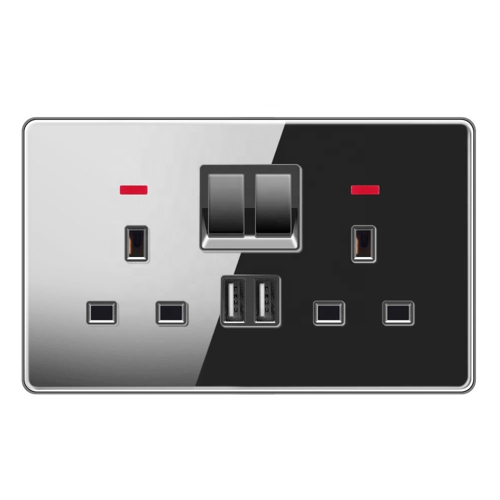 Luxury Full Mirror Tempered Glass Black Dual 13a Amp Socket Uk Double Wall Switches