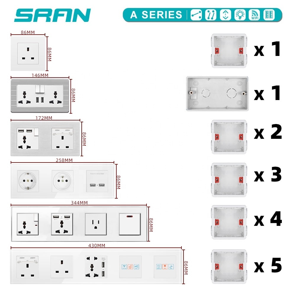 SRAN 13 amp switched socket usb switch Tempered glass panel 3 pin universal socket outlet