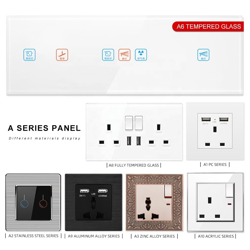 1 gang 1way Electrical Switch  UK  British Standard Physical Push Button Glass Panel 16A Wall Switch