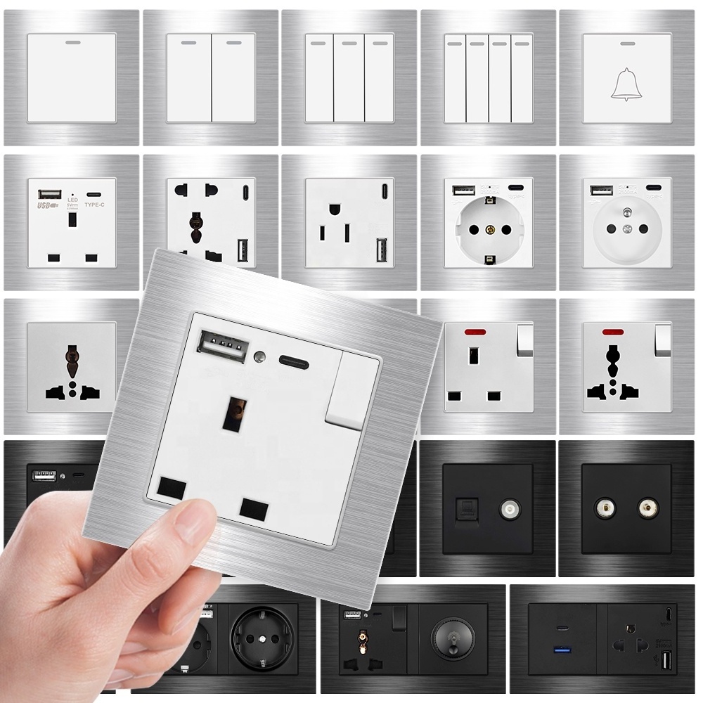 Uk Hotel Aluminum Panel Frame Power Socket With Usb Type-c Electric Switch