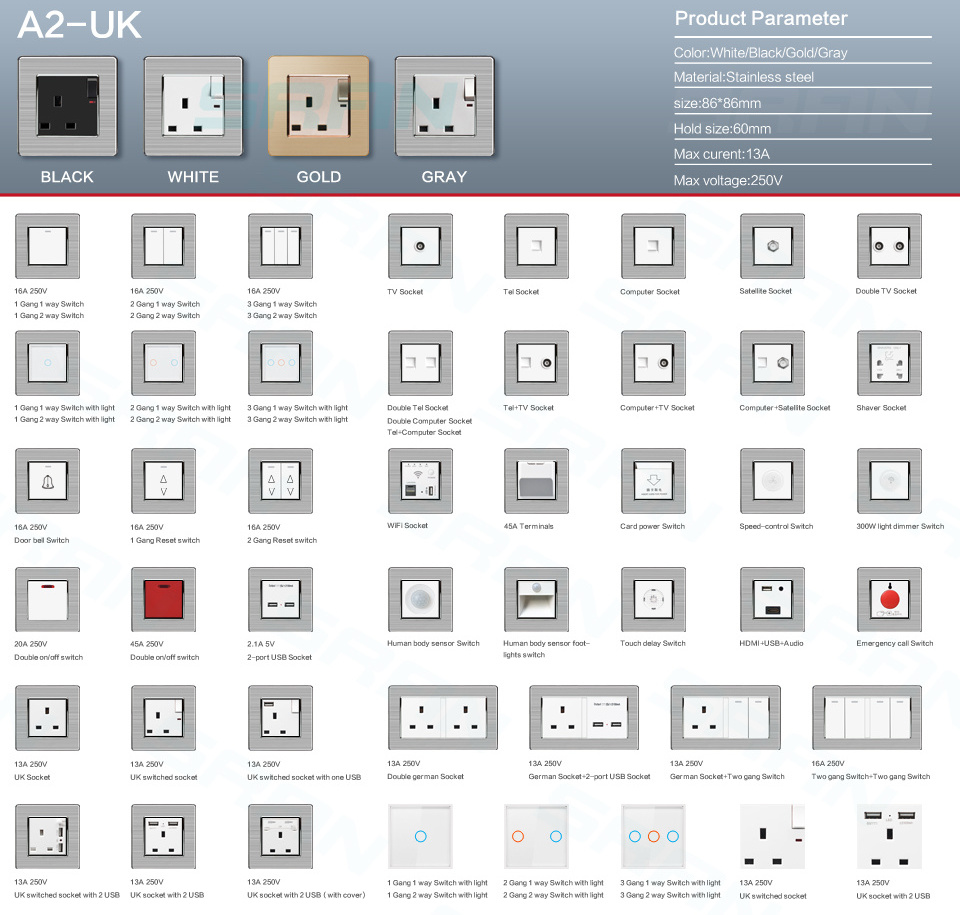 Modern Black Wall Light Switch 2022 Stainless Steel Metal 13a Socket Outlet Uk