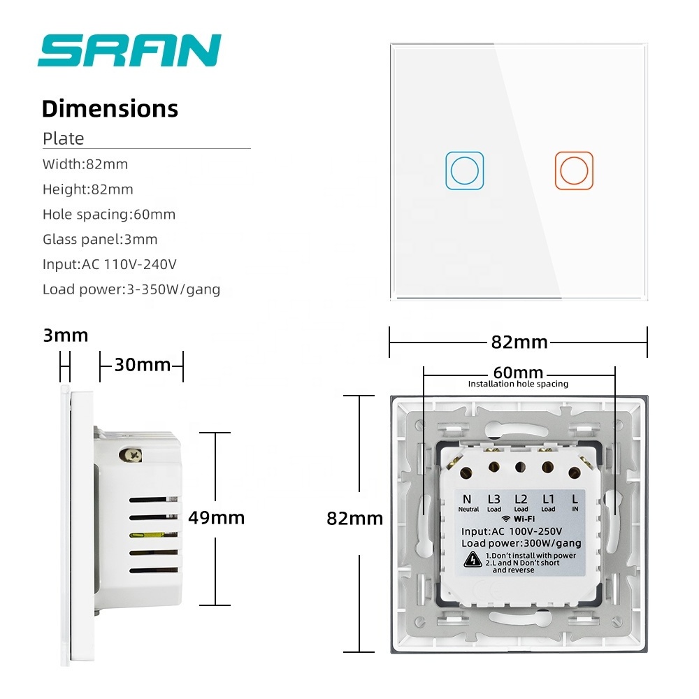 SRAN EU Standard Smart Life App Smart Home Glass 1 2 3 Gang Wifi Wall Light Touch Panel Electric Switch For Tuya Alexa