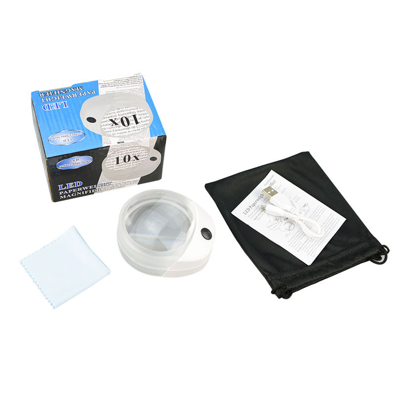 NO.PW6010C  10x Paperweight dome magnifier with USB connected rechargeable battery and LED light