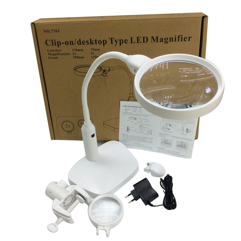 NO.7763 Clip and desktop lamp magnifier with 6 LED lights power 2x/5x/16x