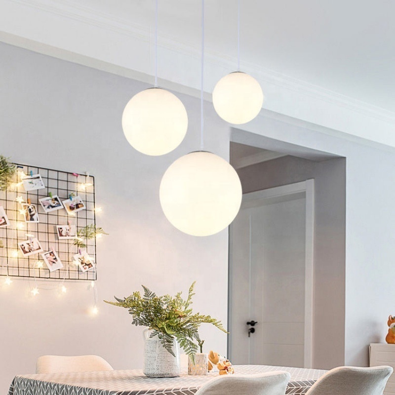 Creative White Glass Ball Pendant Light E27 Ceiling Hanging Lamp for Home Living Room Dining Room Restaurant Chandelier Lighting