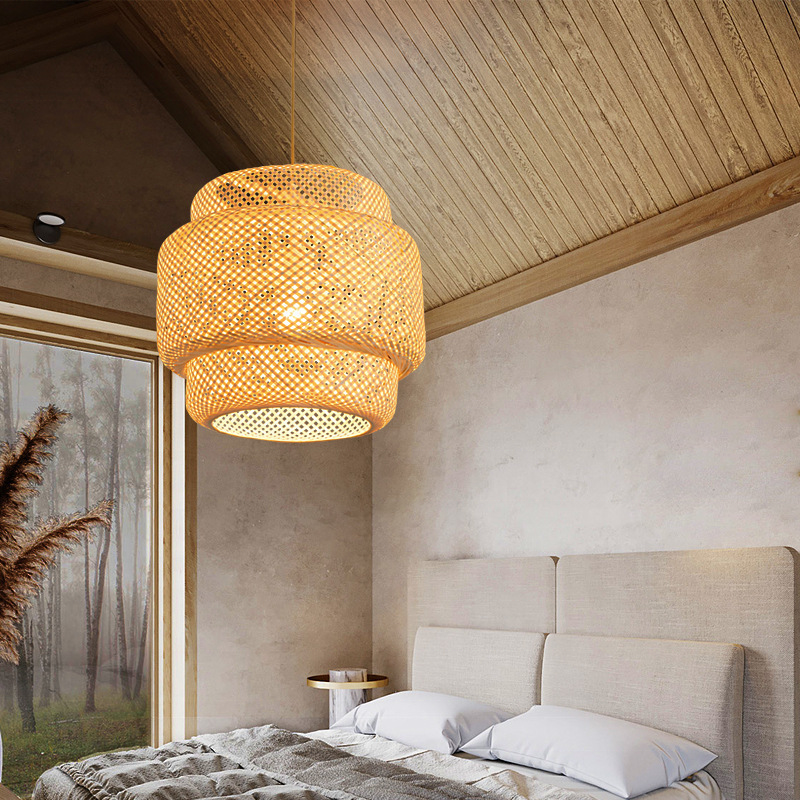 Rustic Handmade Wicker Woven Bamboo High Ceiling Hanging Pendant Light Wood Lighting Fixtures for Living Room Hotel Restaurant