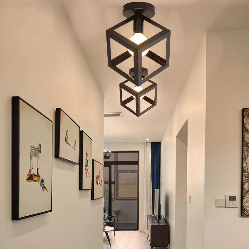 Iron Spring Lamp Shade Wire Frame Light Living Room Corridor Ceiling Mounted Black Ceiling Light Round  for Indoor Home