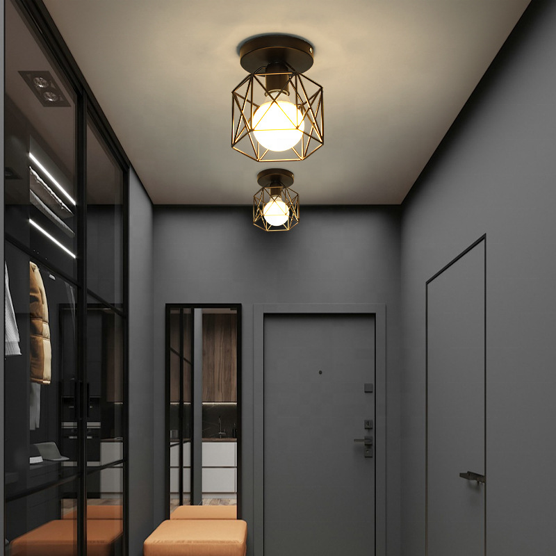 Iron Spring Lamp Shade Wire Frame Light Living Room Corridor Ceiling Mounted Black Ceiling Light Round  for Indoor Home