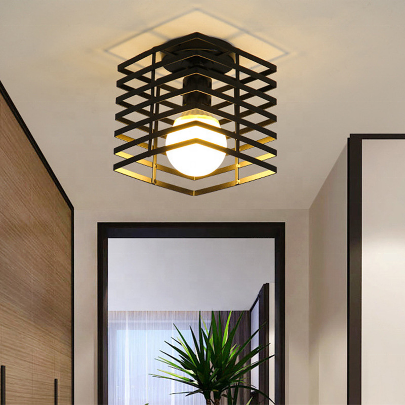 Iron Spring Lamp Shade Wire Frame Light Living Room Corridor Ceiling Mounted Black Ceiling Light Round  for Indoor Home