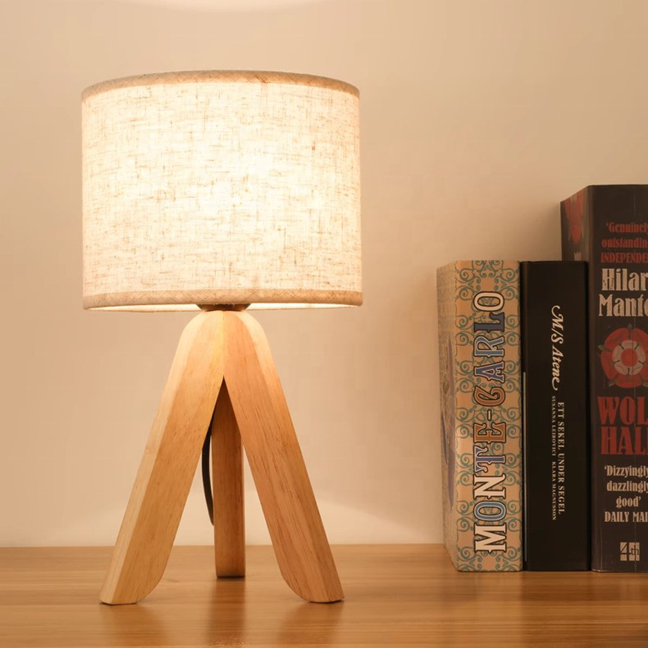 Hot Sale Study Desk Home Hotel Restaurant Lighting Wooden Tripod Fabric Lampshade Table Lamp Bedside Table Lamps Night Light