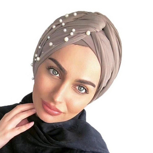 Women Soft Pre Tied Knot Fashion Pleated Turban Hat Beanie Headwrap Sleep Hat