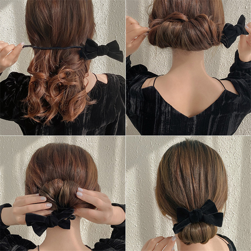 Korean Magic Hair Bun Maker Velvet Bow Hairpin Boutique Hair Bands for Women DIY Hair Style Curler Accessories