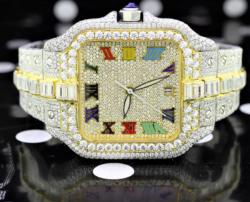 Fully Iced Out And Customized Hip Hop Two Tone Watch Baguettes Dual Tone Automatic Moissanite Diamond Bust Down Watch