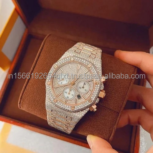 Gold Plated luxury bezel fully iced out moissanite diamond watch with hip hop style for gifting or business purpose from india