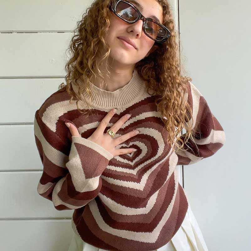 Fashion Women Striped Heart Sweater Sweet Pullovers Long Sleeve Knit Knitting Knitted Sweater For Women