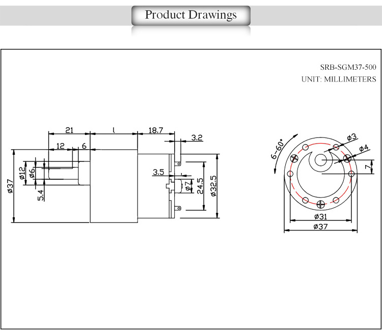 GB37-500 DC 12 Volt 6V Gear motor 37mm Diameter Gearbox Small Motor Eccentric Shaft High Torque Low Noise For DIY