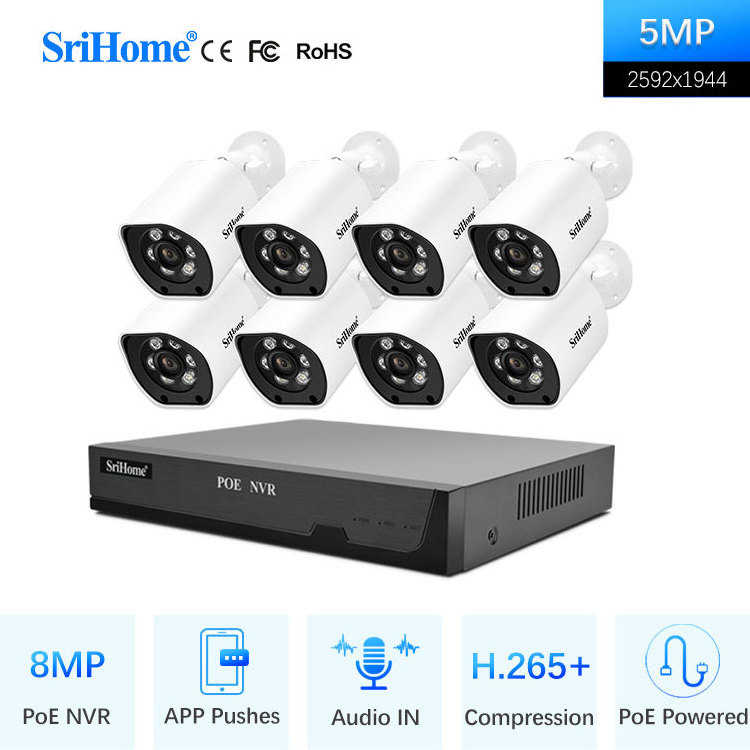 Srihome 8MP Waterproof 8CH  WIFI  POE Nvr Kit cctv camera connected to Mobile Phone Security Camera System CCTV Kit