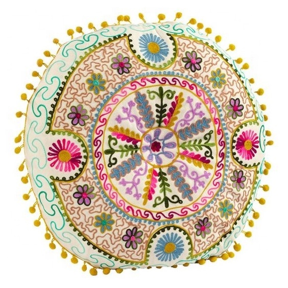 India Factory Latest Design Decoration Wholesale Suzani Round Pillow Case With Border Lace Indian Mandala Style Cushion Covers