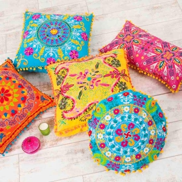 Comfortable Mexican Style Chain Stitch Purple Floral Aari-Embroidered Cotton Cushion Cover Handmade Vintage Home Decor Pillow Ca