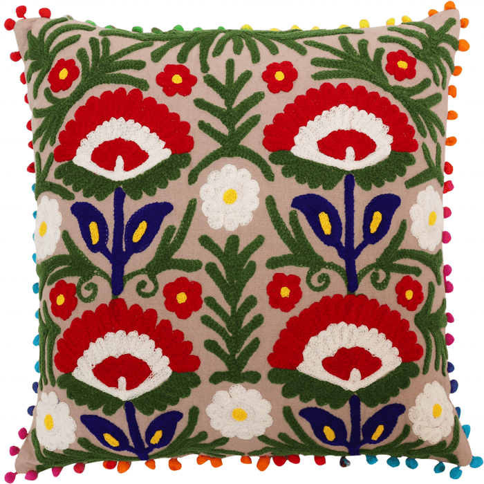 Comfortable Mexican Style Chain Stitch Purple Floral Aari-Embroidered Cotton Cushion Cover Handmade Vintage Home Decor Pillow Ca