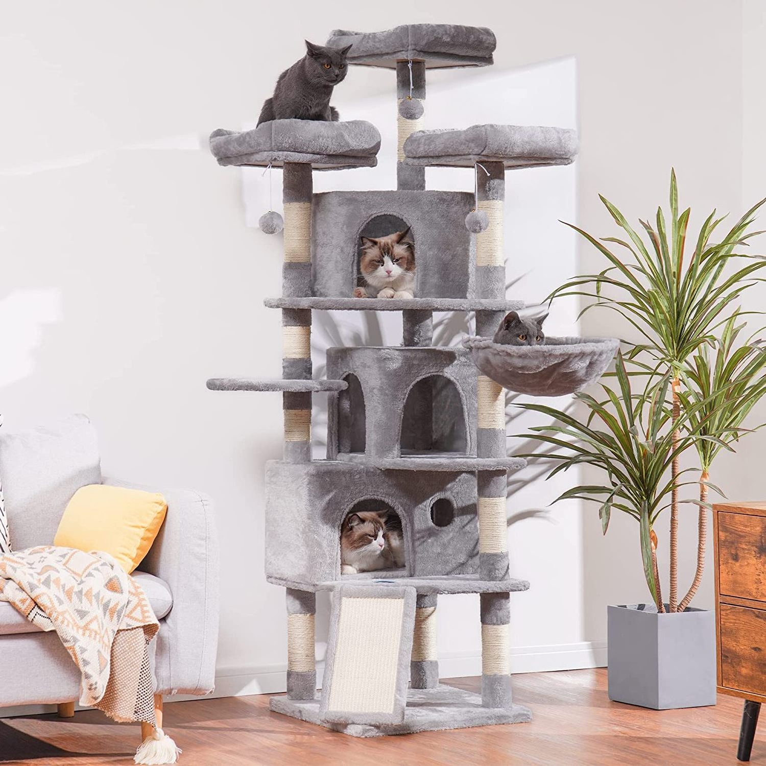 Sisal Covered Scratching Posts Perch Hammock Tunnel Plush Rooms Cat Tree Large Condo Tower Wood Cat Tree House