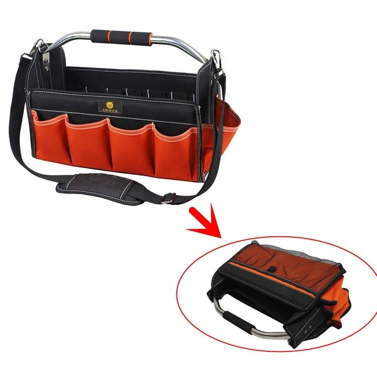 Foldable 16Inch Open-Top Tote Tool Bag With Steel Handle And Sponge Grip