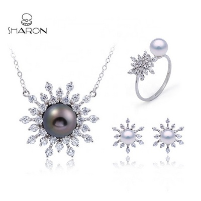 Wholesale Fashion Snowflake Design 925 Sterling Silver Pearl Bridal Jewelry Pendant Necklace Stud Earring Jewelry Set