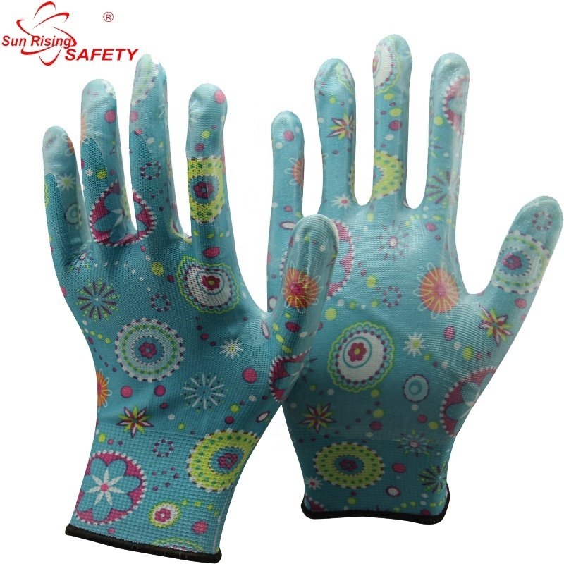 SRsafety Pink Nitrile Gloves Safety Agriculture Gardening Gloves for Women Kids Custom Logo Work Gloves