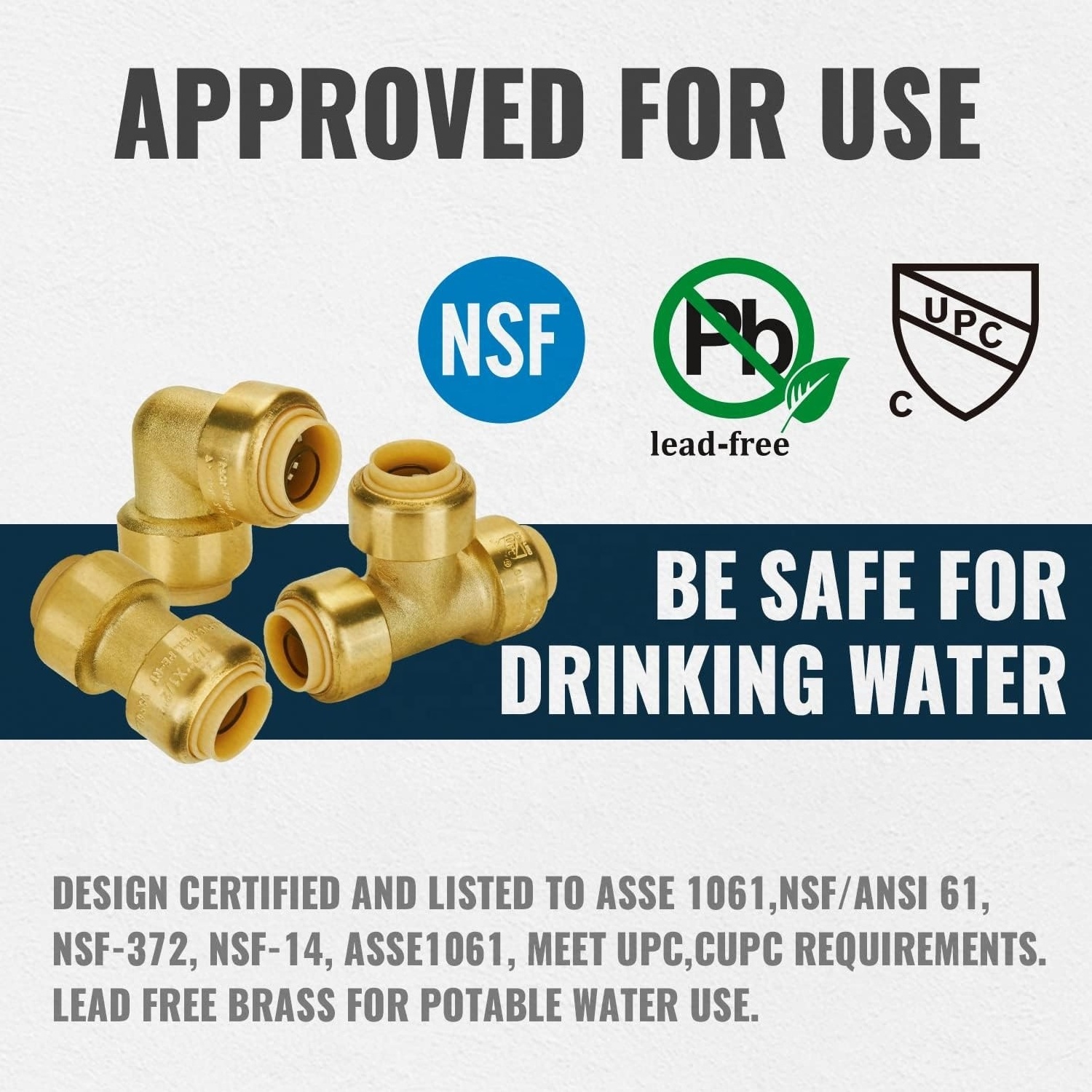 NPT Standard Push-Fit Brass Shark Bite Fittings for PEX Copper CPVC Pipes