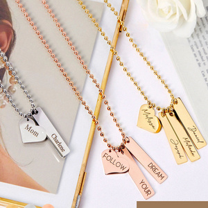 Good Selling Stainless Steel Bead Chain Engraved Letter Heart Pendant Necklace Custom Logo Vertical Bar Pendant Necklace