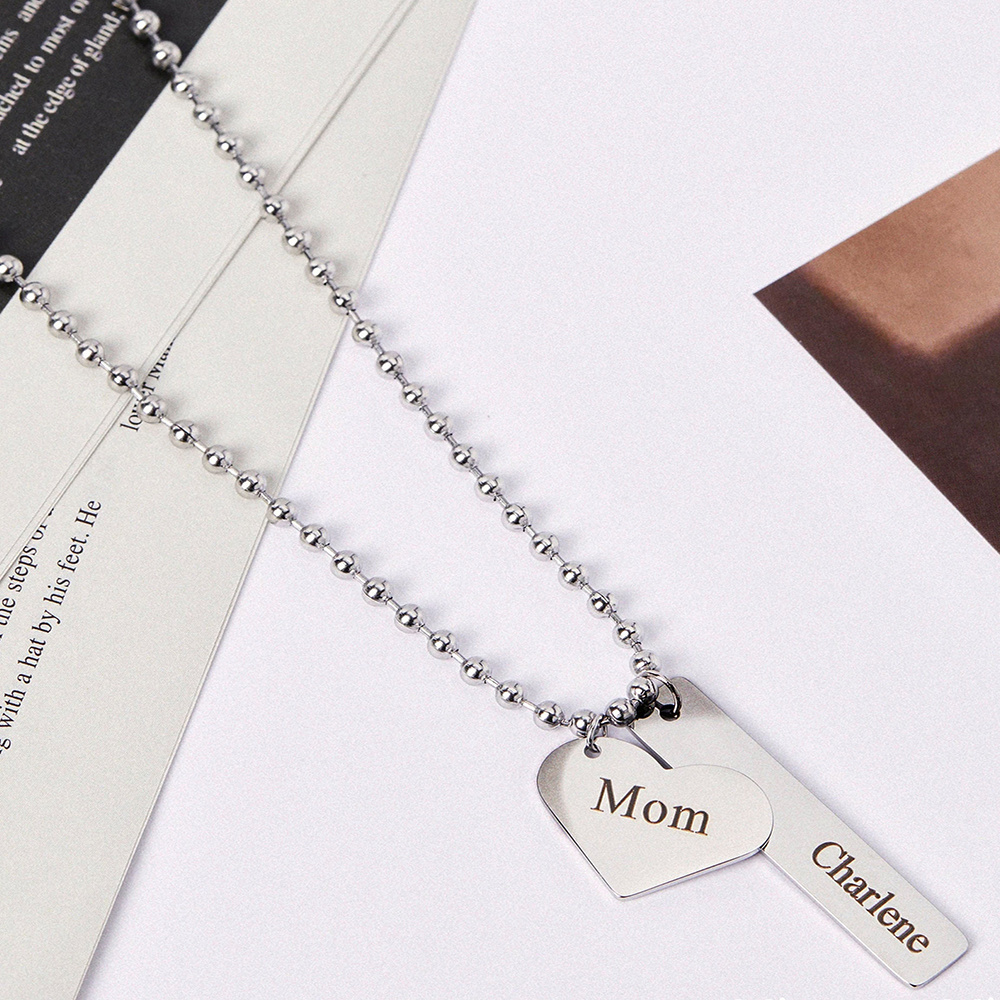 Good Selling Stainless Steel Bead Chain Engraved Letter Heart Pendant Necklace Custom Logo Vertical Bar Pendant Necklace