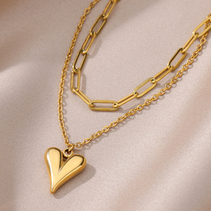 New Gold Stainless Steel Peach Heart Pendant Necklace Women Non Tarnish Double Thick Chain Paperclip Necklace