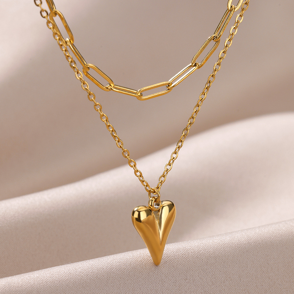 New Gold Stainless Steel Peach Heart Pendant Necklace Women Non Tarnish Double Thick Chain Paperclip Necklace