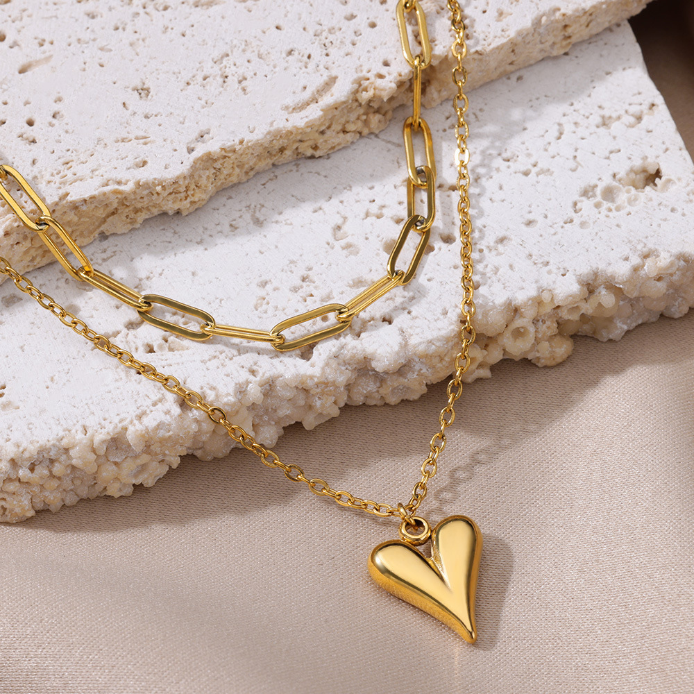 New Gold Stainless Steel Peach Heart Pendant Necklace Women Non Tarnish Double Thick Chain Paperclip Necklace