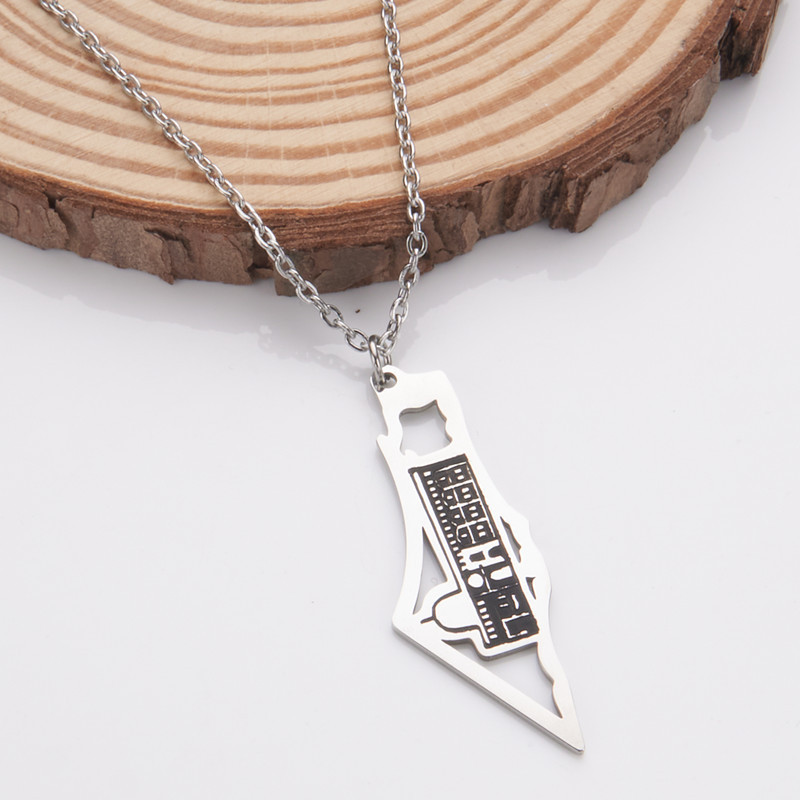 Polished Stainless Steel Silver Color Hollow Map Palestine Country Products Flag Pendant Necklace