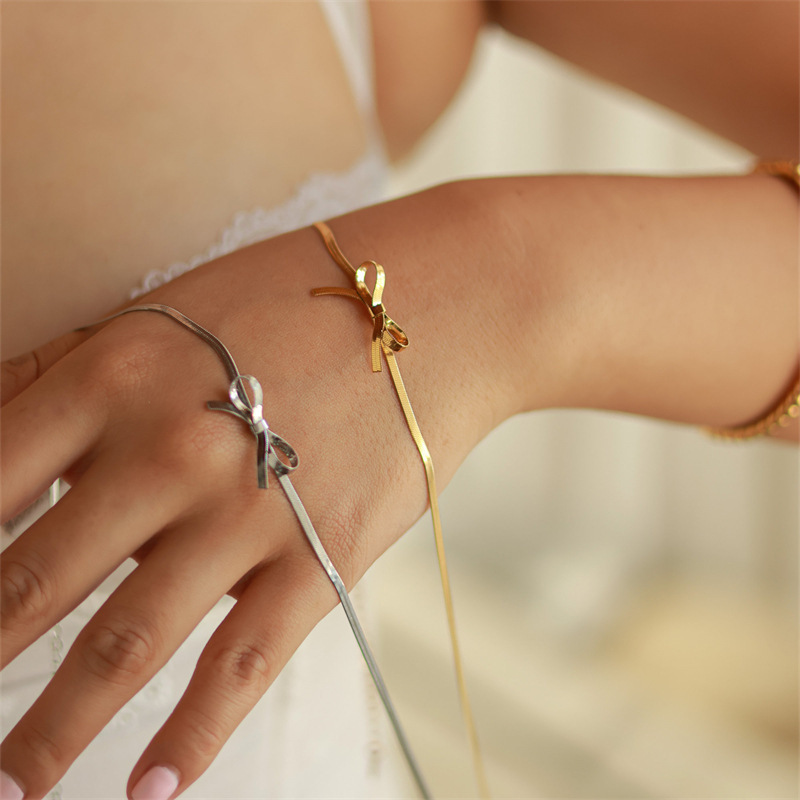 New Fashion Women Bow Knot Studs Earrings Knot Bow Necklace Bracelet Ring Gold Plated Stainless Steel Vintage Jewelry Set